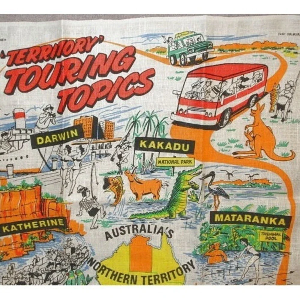 Vtg Australia Linen Souvenir Tea Towel Kangaroo Wildlife Joey Scenic Travel 31